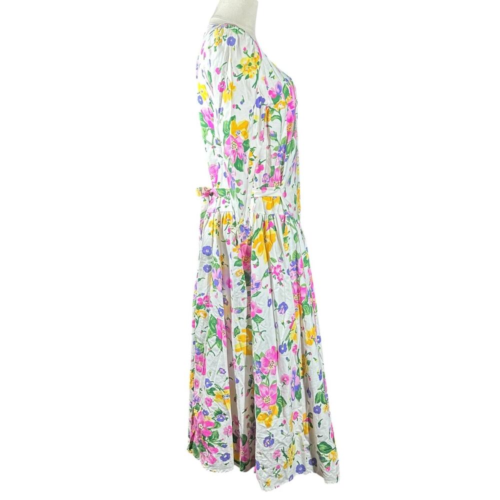 Vtg 80s Cottagecore White Pink Floral Midi Dress Drop Waist Shoulder Pads Sz 12 - Picture 9 of 11